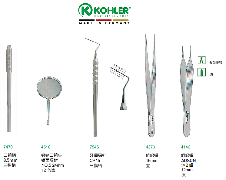 口鏡、牙周探針、組織鑷