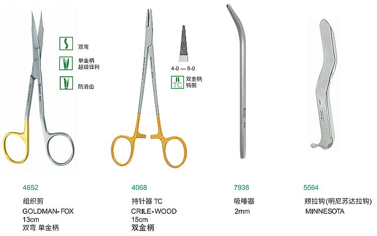 組織剪、持針器、吸唾、頰拉鉤